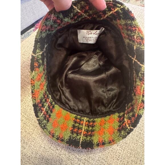 Kate Landry Wool Blend Bucket Hat Black Green Orange Plaid with Orange Bow - Picture 5 of 5